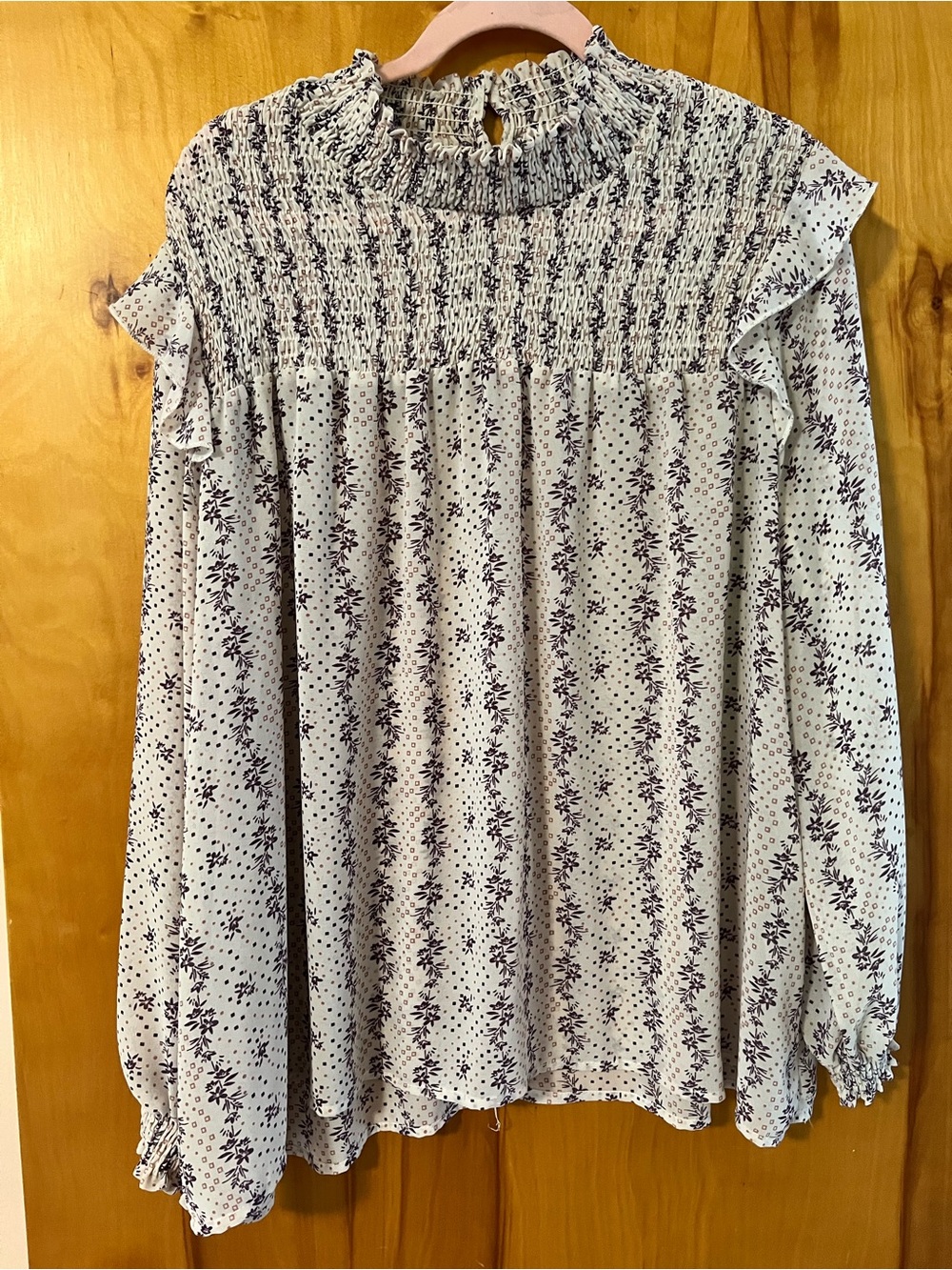 Hayden Cream Blouse with Purple Floral Print and Smocked Yoke